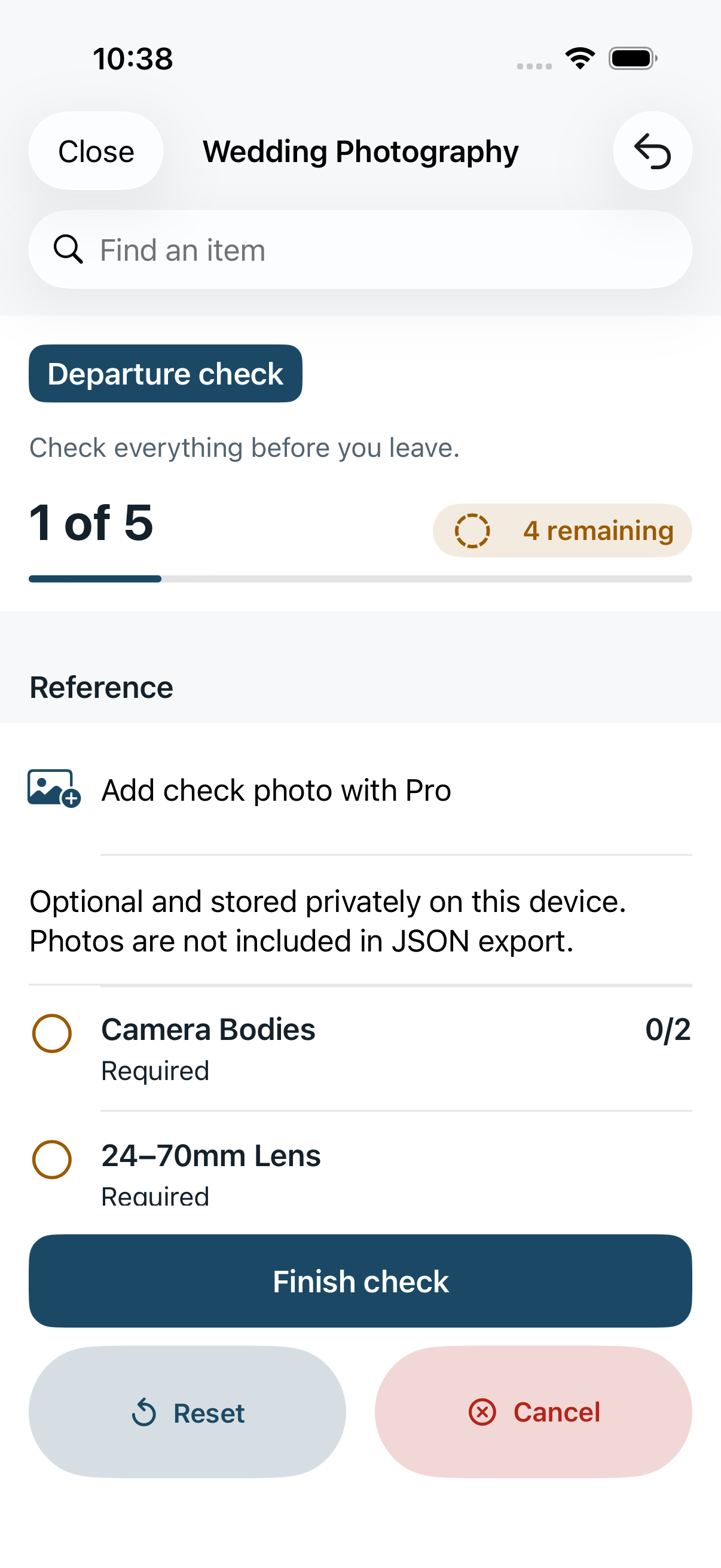 An active Departure check showing one of five required items checked, item rows, and Undo, Reset, Cancel Check, and Finish controls.