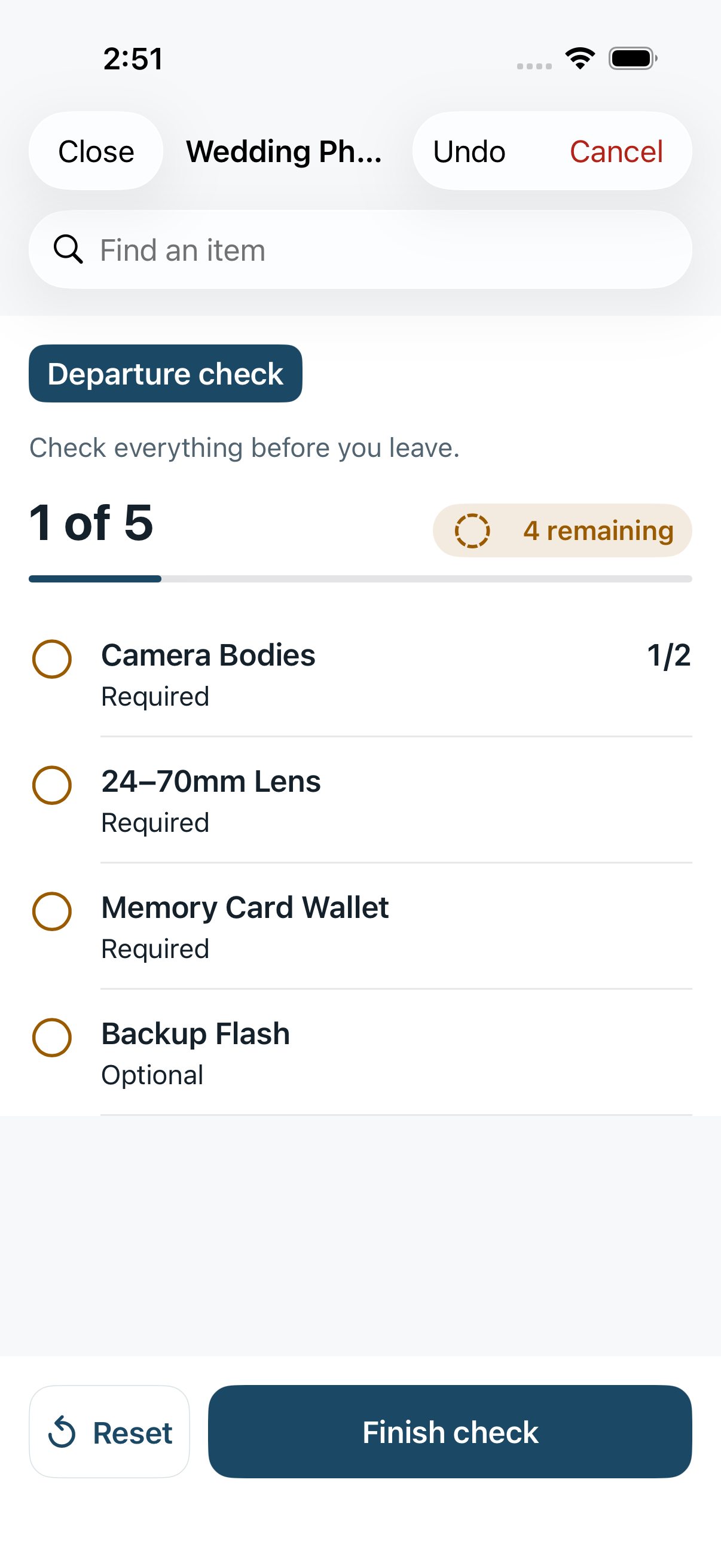 Free LastItem Departure check showing one of five items checked, four remaining, text-only Undo and Cancel controls, and the weighted Reset and Finish check action row.