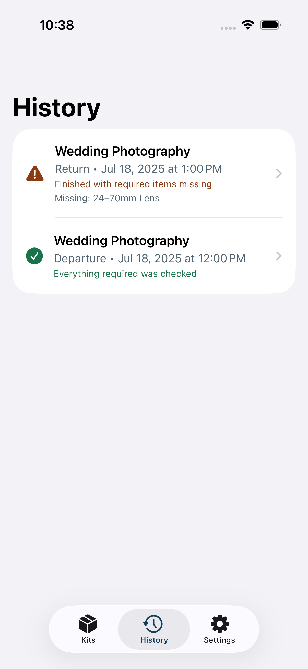 LastItem History showing a Departure completed with missing required items and another completed with all required items.