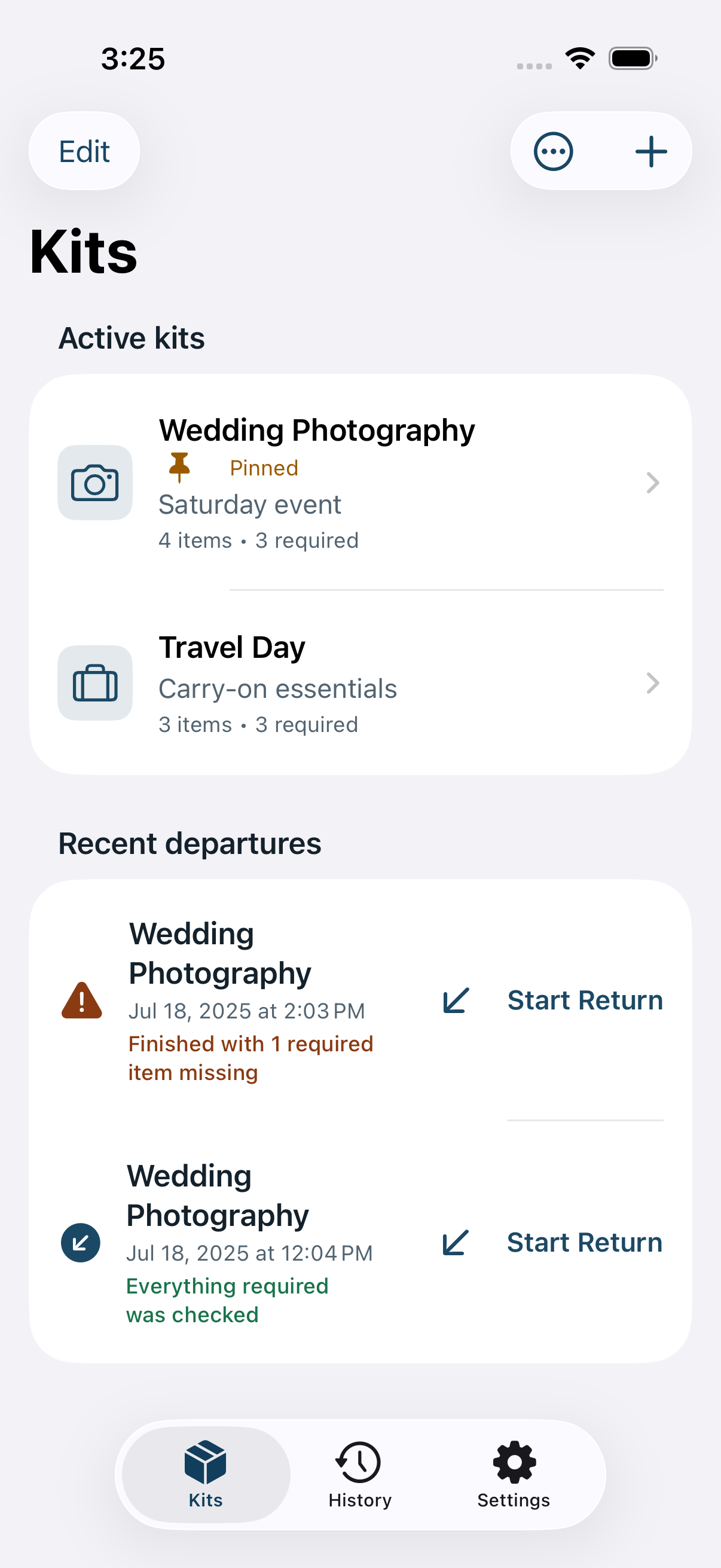 LastItem Kits screen showing two active kits and Recent Departures with an incomplete Departure visibly labeled Finished with 1 required item missing beside its Start Return action.