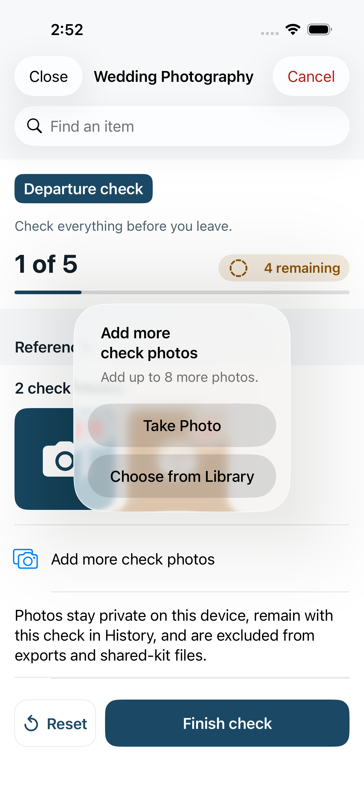 The Add more check photos chooser on a LastItem Departure check with Take Photo and Choose from Library options and a message that eight photo slots remain.