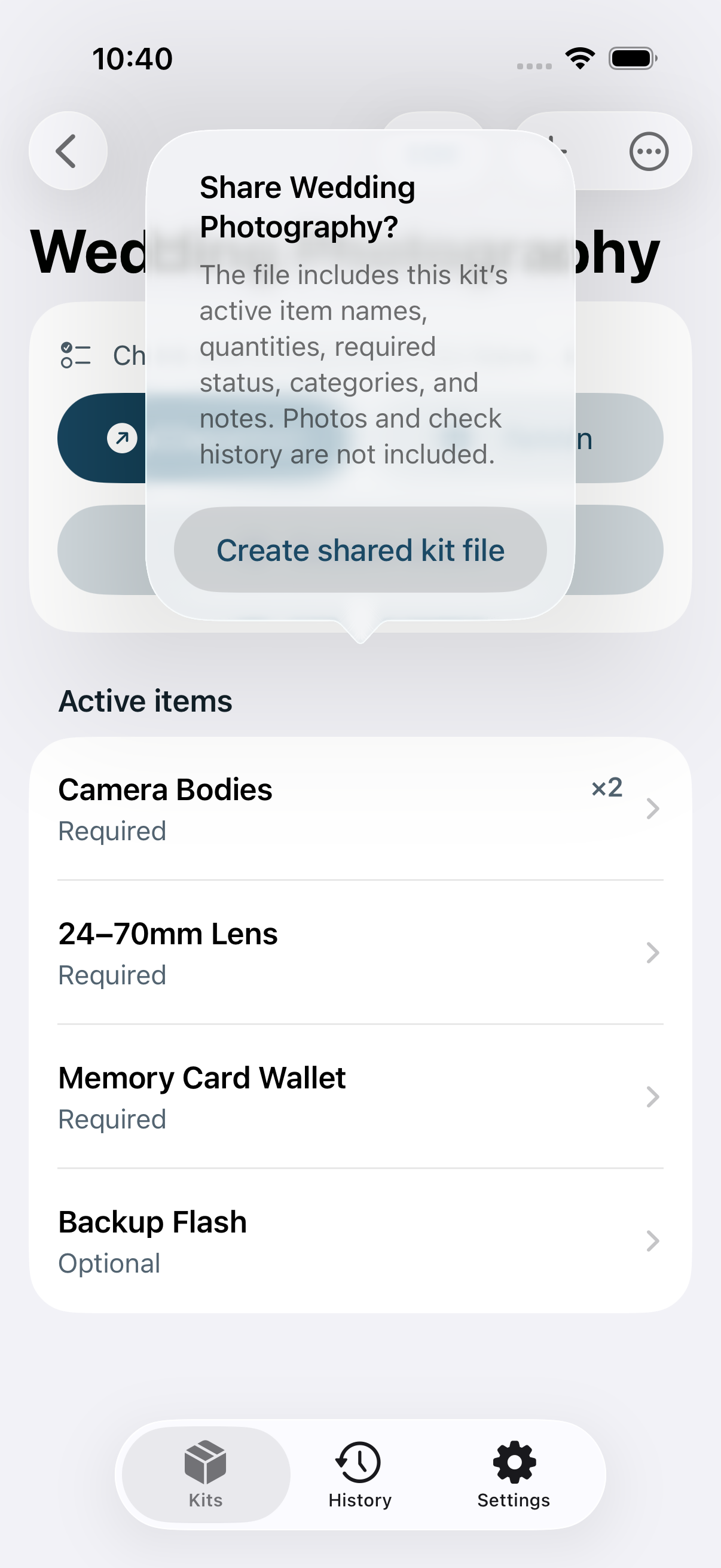 LastItem Share Kit confirmation explaining that current kit and active items are included while photos and check history are excluded.