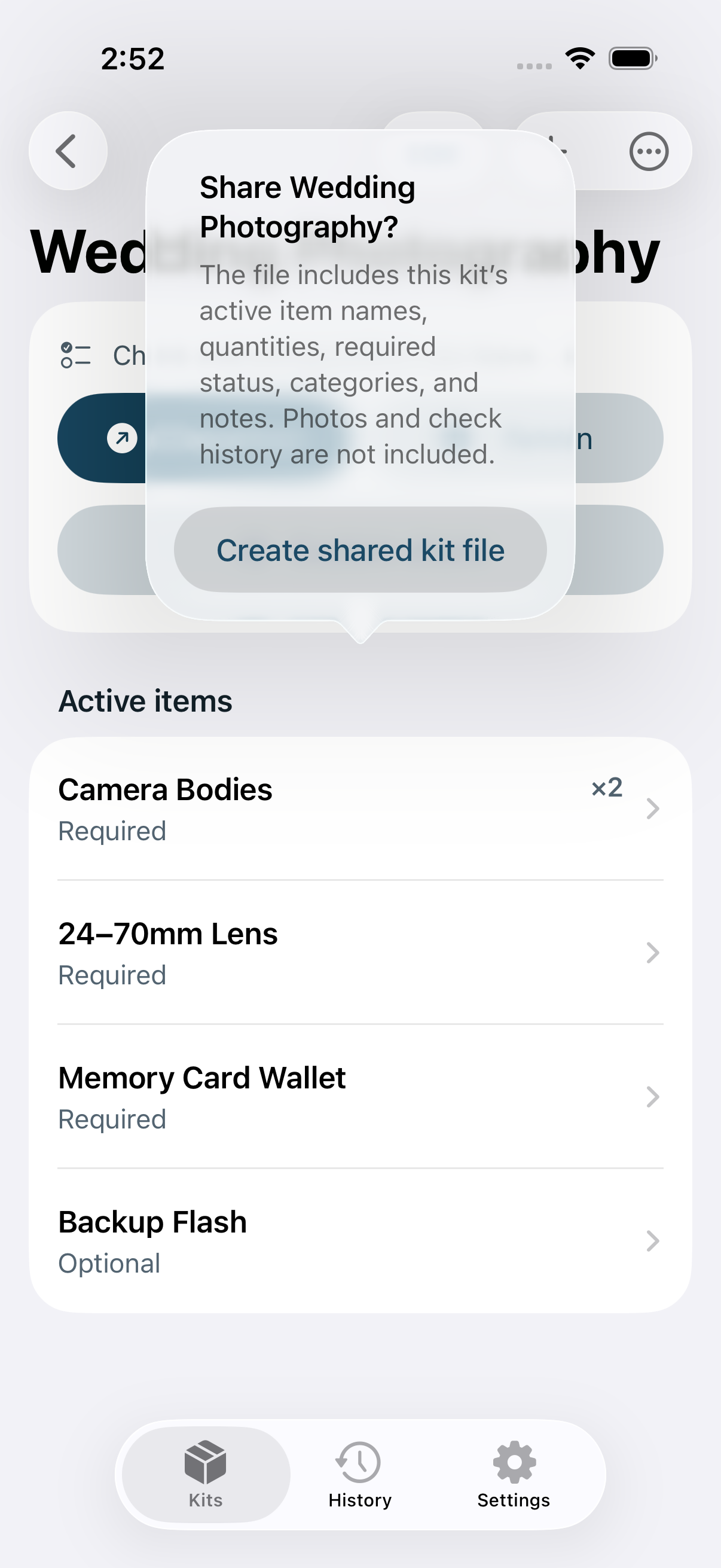 LastItem Share Wedding Photography confirmation listing active item names, quantities, required status, categories, and notes while stating that photos and check history are excluded.