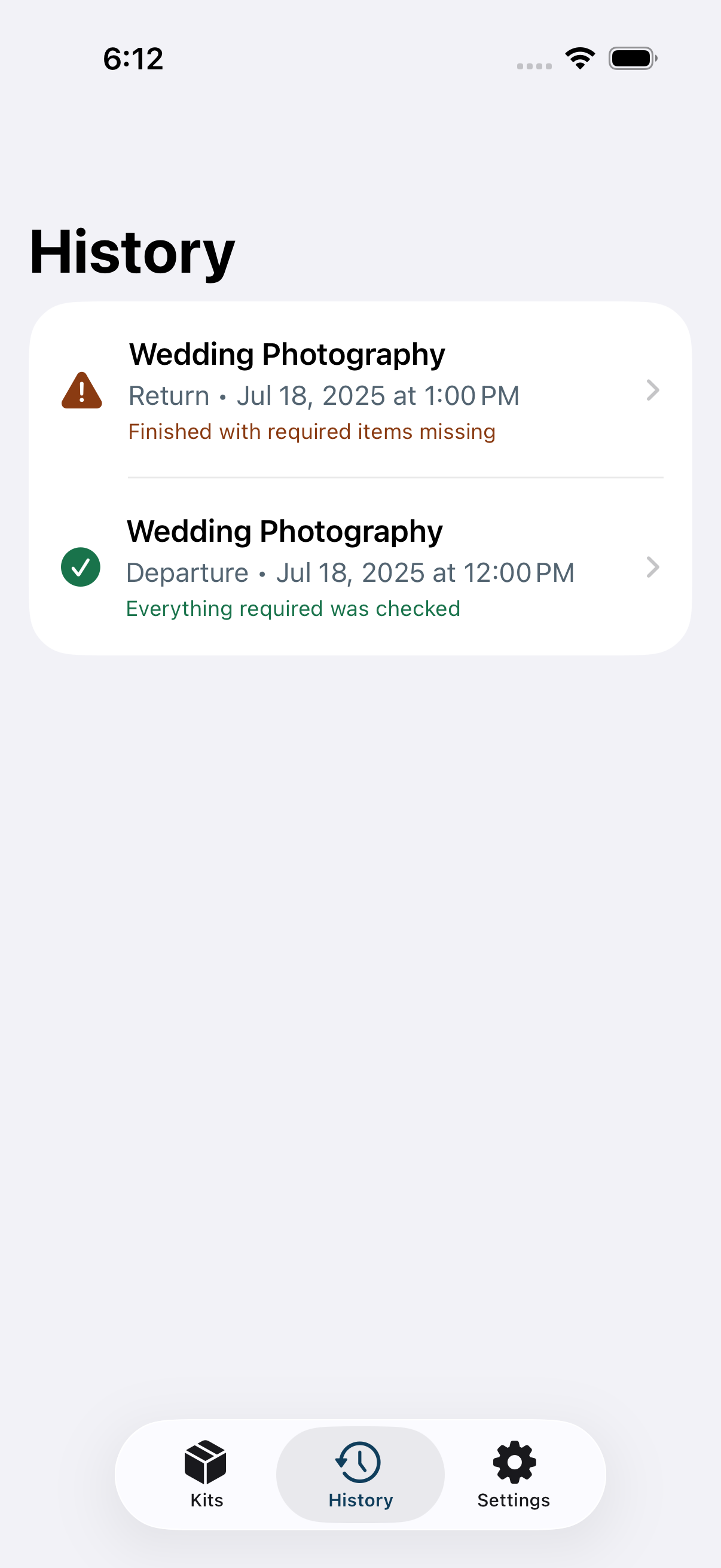 LastItem History screen showing completed checks
